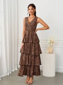 Ellevyn 女式 V 领收腰分层豹纹无袖蛋糕连衣裙，修身剪裁，优雅日常穿着，春夏秋 - 彩色 - 查看 11