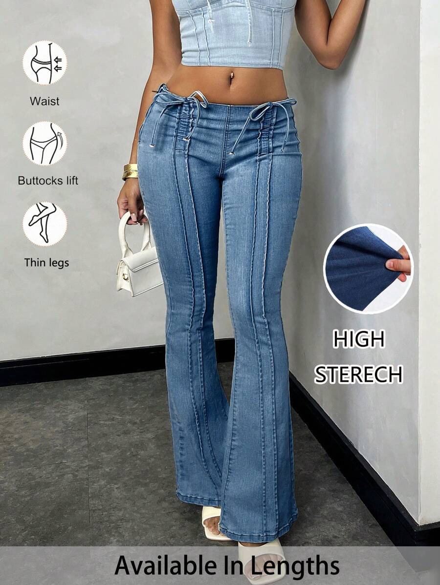 SHEIN Tall CURVE 大码休闲水洗夏季秋季女装返校节2000年代风格旧钱机场女装Y2K街头服饰约会之夜女装低腰蓝色抽绳喇叭牛仔裤 - 藍色 - 查看 1