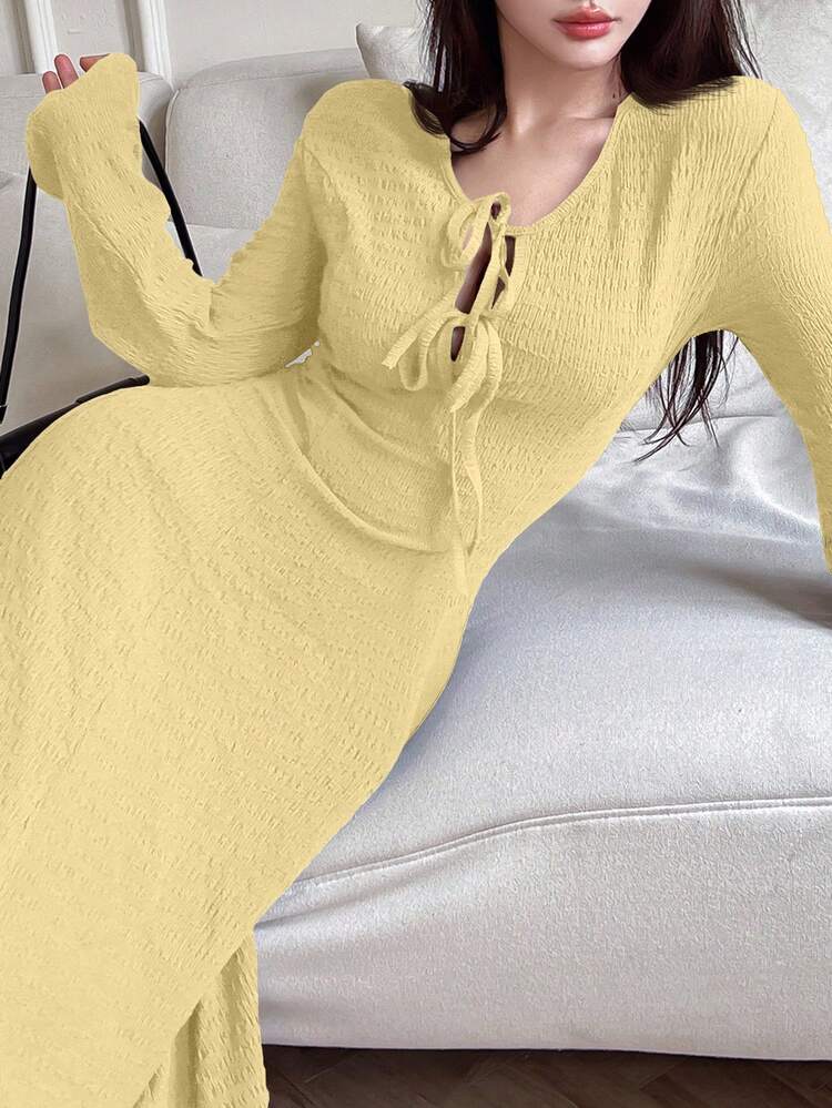 Modelyn 女士优雅纯色系带长裙 - 黃色 - 查看 6