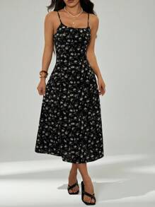 SHEIN PETITE Black Woven Floral Women Camisole Dress
