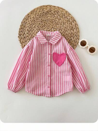 女婴可爱休闲百搭粉白条纹心形长袖衬衫