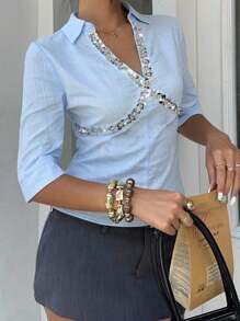 Siren Gaze Damen Blaue Pailletten Dekor V-Ausschnitt Lässig Mittellange Ärmel Top