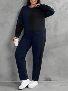 EURMUSE Sudadera y pantalón de chándal con bloqueo de color y gráfico de letra de algodón - Azul Marino - Ver 5