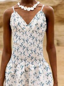 Lumivelle 女式印花弹力褶皱V领吊带背心迷你连衣裙/夏季沙滩裙 - 彩色 - 查看 4