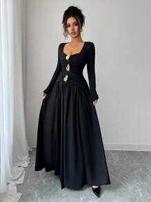 Elenzga 女士金属装饰甜心领长袖荷叶边优雅连衣裙 - 黑色 - 查看 4