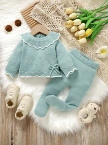 SHEIN 3 件绿色婴儿毛衣套装：彼得潘领长袖上衣 + 紧身裤 + 时尚帽子，新生儿休闲简约装 - 綠色 - 查看 6