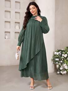 Veilorie Vestido holgado y elegante de manga larga con mangas largas y bajo de unicolor con perlas falsas para mujer de talla grande - Verde Oliva - Ver 6
