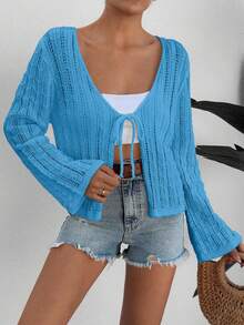 EURMUSE Áo khoác cardigan dệt kim mỏng rỗng tay loe buộc phía trước màu trơn dành cho nữ - Màu xanh lam - Xem 4