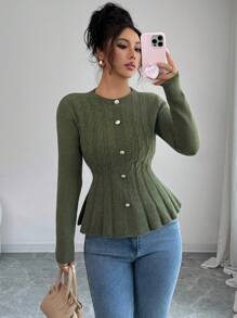 Elenzga 秋冬麻花绳橄榄绿长袖优雅套头衫 - 軍綠色 - 查看 3
