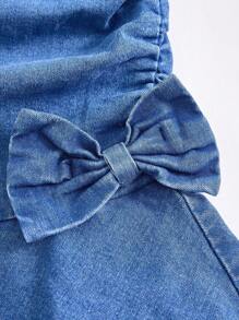 Girls' Casual Soft Washed Denim Dress With Bowknot Decor, Elastic Waist Patchwork Dress, Lightweight Summer Teen Girls Blue Denim Dress Girls Ruffle Dress Girls Tiered Denim Dress Fall Winter