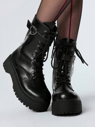 Grunge Punk Botas de motocicleta de estilo gótico punk oscuro con cordones para mujer, botas de plataforma con suela gruesa y botas de tobillo y cortas