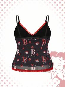 Betty Boop | ROMWE Regata Sensual Plus Size com Alças Finas, Renda e Estampa em Tela de Contraste