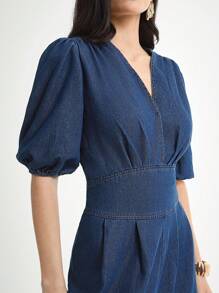 Daynim 女式休闲V领灯笼袖牛仔连体裤 - 中等水洗藍 - 查看 5