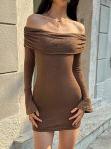 SHEIN Unity Women's Chic Autumn Night Out Mini Dress,All Shades Of Brown Textured Off Shoulder Long Sleeve Flare Sleeve Ruched Front Fitted Spring/Summer Dress - Coffee Brown - View 4