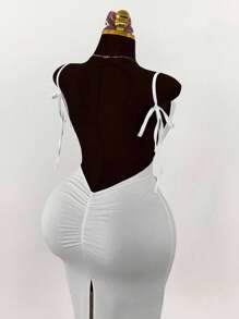 Amplova Plus Size Women Generous Open Shoulder Bowknot Backless Ruched High Slit Bodycon Maxi Dress