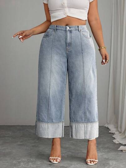 Elenzga 加大码浅色高腰修身直筒宽袖口卷边裤