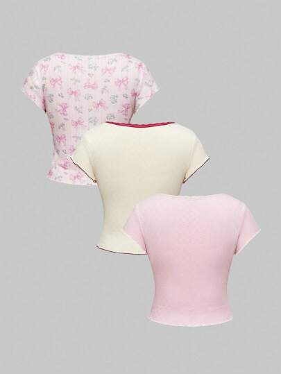 Kawaii Set de camiseta básica con cuello redondo, diseño bordado y bloques de color con lazo de rabí lindo para mujer
