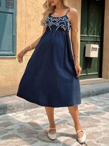SHEIN Maternity Embroidered Casual Sleeveless Denim Dress For Summer, Spring/Autumn,Only Cute Summer Holiday Elegant Vacation Romantic Curve Farmhouse - Blue - View 6