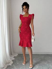 Elenzga 女士优雅提花纯色方领荷叶袖荷叶边下摆连衣裙，适合通勤和夏季穿着 - 紅色 - 查看 4