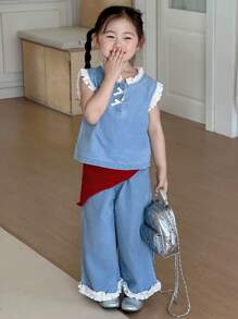 Dazy Kids 2pcs Young Girls Lace Patchwork Sleeveless Top And Wide Leg Jeans Pants Set - Light Wash - View 6