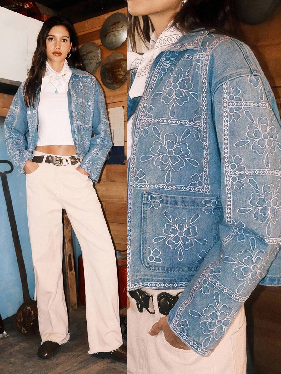 Easelle 女士休闲花卉刺绣牛仔夹克，适合春秋季 - 藍色 - 查看 1