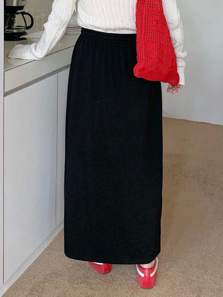 Dazy Plus Elastic Waist Drawstring Tie Straight Slit Knit Versatile Plus Size Women Skirt Fall Skirts