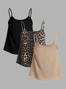 SHEIN EZwear 3 件套黑色豹纹卡其色女式可调节肩带宽松褶皱吊带背心，适合春夏季 - 彩色 - 查看 2