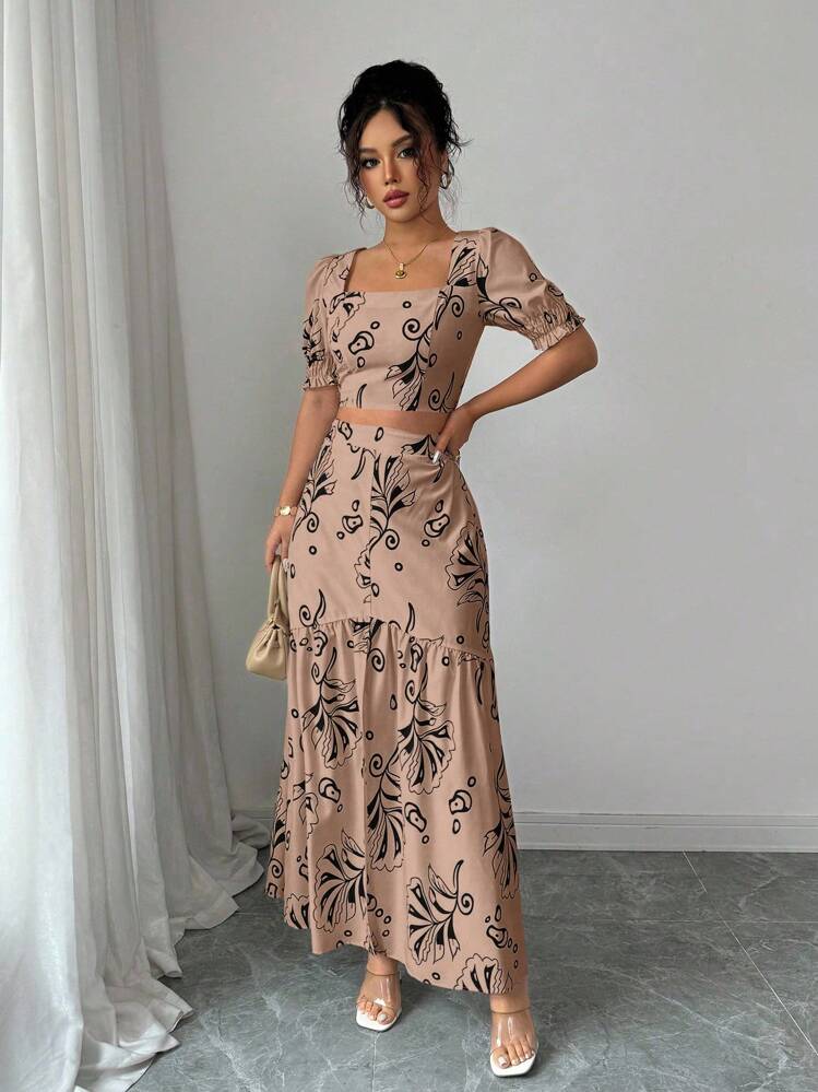 Elenzga Conjunto de 2 piezas con blusa de manga corta con diseño de puño y estampado floral + falda con abertura en el bajo, elegante para vacaciones y uso diario - Marrón - Añade 6