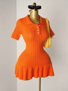 Mistrie Women's Knit Pearl Button Ribbed Orange Pleated Mini Dress, Short Sleeve Sexy Bodycon Minimalist Sweater Dress - Orange - View 6