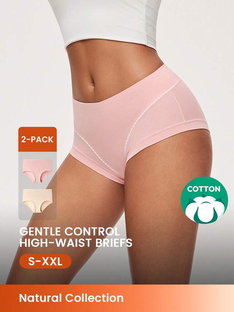 2 paquetes de bragas básicas de algodón ligero de cintura media con control de abdomen, conjunto de ropa interior para mujer, conjunto de bragas color nude - rosa