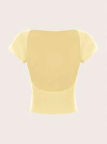 SHEIN EZwear 2 件奶油黄和白色短款露背圆领短袖 T 恤，适合夏季女士修身款式 - 彩色 - 查看 4