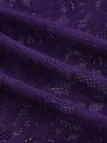 ROMWE Gothic Palace Style Cross Decor Contrast Lace Flared Sleeve Off-Shoulder Velvet Blouse For Women - Purple - View 4