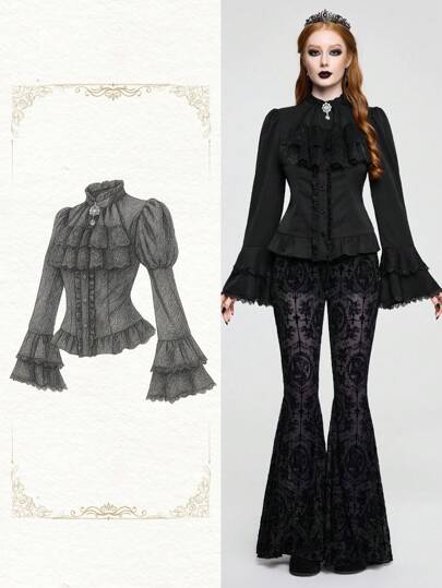 Vintage Gothic Style Women's Detachable Ruffle Tie Collar Baroque Gem Pendant Flare Ruffle Cuff Cinched Waist Blouse