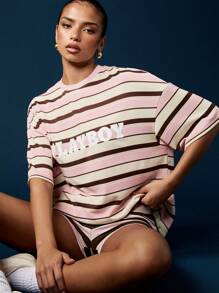 Missguided x Playboy Oversized Striped T-Shirt Retro Casual Summer Neapolitan Ice Cream Color Block Short Sleeve Loungewear Streetwear Fashion Statement Tee - Multicolor - View 1