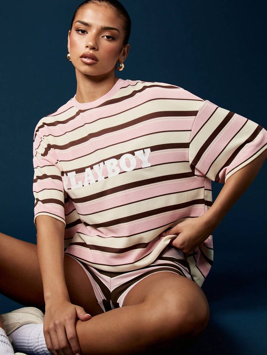 Missguided x Playboy Oversized Striped T-Shirt Retro Casual Summer Neapolitan Ice Cream Color Block Short Sleeve Loungewear Streetwear Fashion Statement Tee - Multicolor - View 1