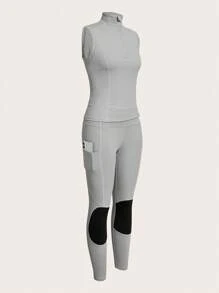 Conjunto de ropa deportiva para mujer, alta elasticidad y amigable con la piel, adecuado para acampada al aire libre, senderismo, deportes y entrenamiento urbano - Gris - Ver 1
