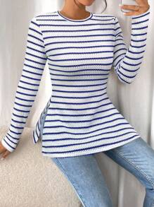 SHEIN Frenchy Casual Colorblock Striped Side Slit T-Shirt, Spring/Autumn Winter Casual Blue - Blue - View 5
