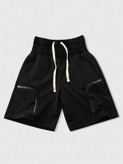 Street Life Men's Personalized Black Double Waistband Style Shorts, High Waist Drawstring & Multi-Functional Zipper Pocket Design