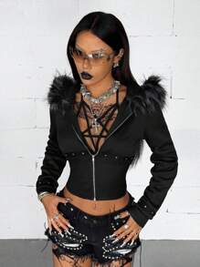 Coolane 女士冬季/四季节日嬉皮街头风休闲Y2K Grunge铆钉毛领拉链连帽卫衣黑色锐舞 - 黑色 - 查看 3