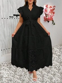 SHEIN Clasi Váy thêu rỗng màu trơn cỡ lớn thường ngày - màu đen - Xem 8