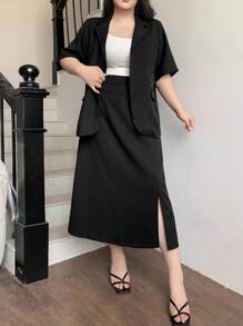 Dazy Plus 2件套女士加大码商务休闲纯色翻领西装外套和直筒裙 - 黑色 - 查看 3