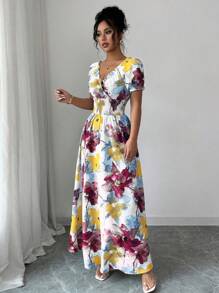 Elenzga Vestido de mujer con estampado floral, cuello en V y manga corta con cierre cruzado delantero