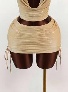 Y2K Amplova Women's Gold Solid Color Shiny Spaghetti Strap Cropped Camisole And Pleated Bodycon Mini Skirt Sexy 2-Piece Set Gold Two Piece Set. ,Ideal For School And Club. Glitter Two Piece Set - Champagne - View 6