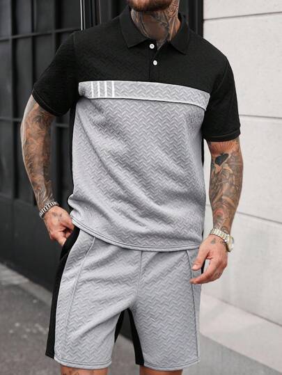 Manfinity CasualCool 男士高级提花数码印花四边形小麦纹理 Polo 衫和短裤套装，送给男朋友或丈夫的最佳礼物