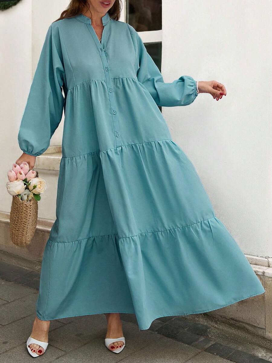 Vestido casual de manga larga con cuello calado y dobladillo con volantes de unicolor - verde menta - Ver 1