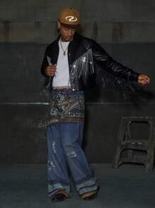 AXEPEAK Men's Turndown Collar Long Sleeve Fringe Detail Short Jacket , Fall Winter, Grunge - Black - View 7