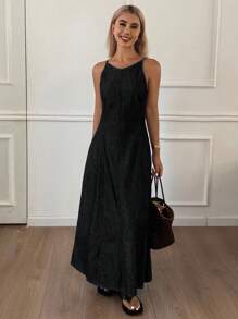 DAZY 女士休闲圆领无袖宽松牛仔连衣裙，春夏 - 黑色 - 查看 2