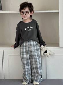 DAZY 男童字母印花长袖上衣和格子裤睡衣套装 - 深灰色 - 查看 2