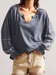 Bohemela Women's Casual Solid Color V-Neck Long Sleeve Loose Washed T-Shirt Travel Slate Blue Autumn - Grey - View 6