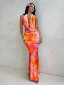 Aloruh 女式休闲全印花垂坠领长裙 - 彩色 - 查看 4